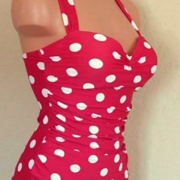 Pin Up Rockabilly One Piece Swimsuit Red Polka Dot - Picture 2 of 5